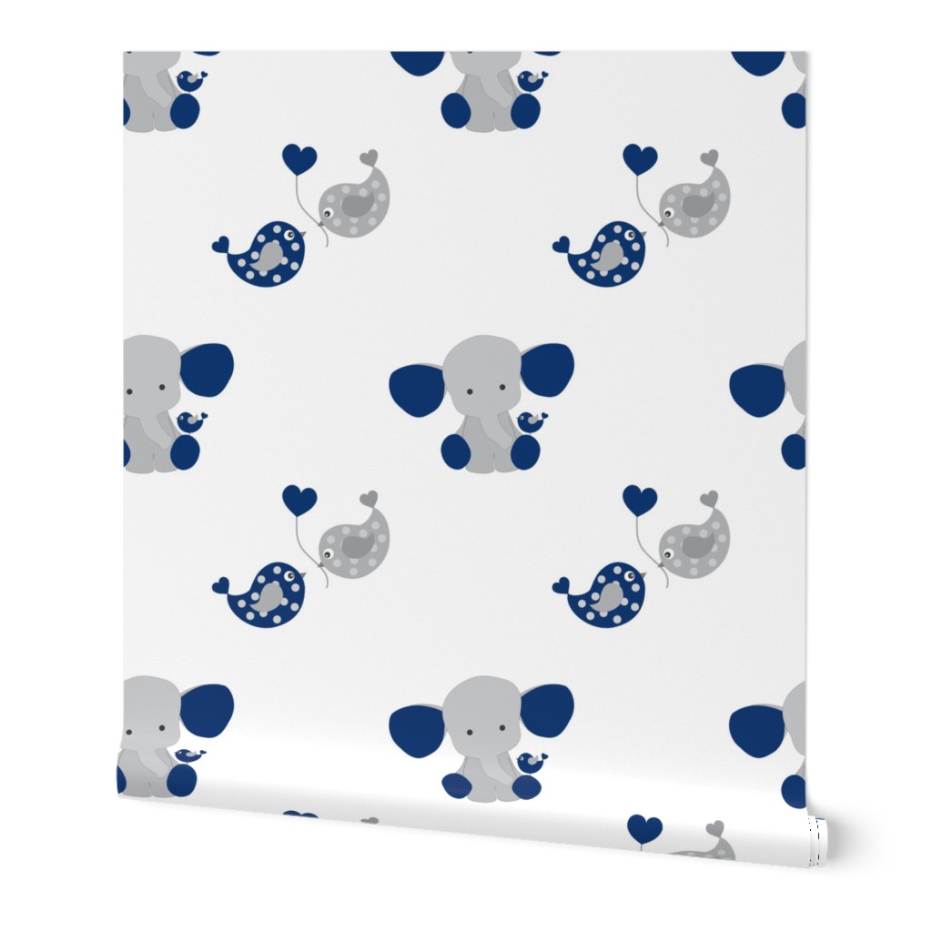 Navy Blue Elephant Chickadee Bird Hearts Baby Boy Nursery