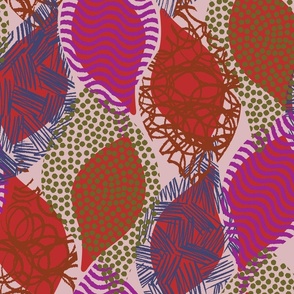 Abstract Leaves in Red Purple and Blue on a Pink Background