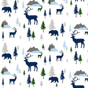 Bears and deer mountains forest baby blue