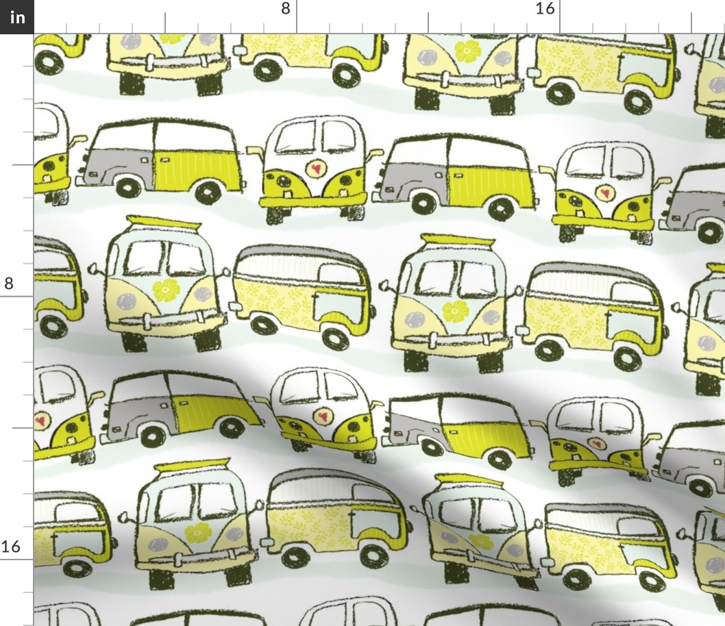 VW Buses campers in chartreuse yellow green