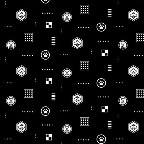 White geometric abstraction on black background
