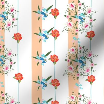 Floral pattern with roses, meadow flowers and vertical stripes