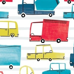 Whimsical Hand Painted Trucks and Cars Wallpaper and Fabric