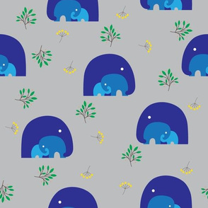 Blue Elephant Family with Accent Leaves