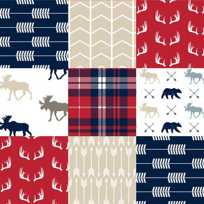 Woodland patchwork - red, navy, tan - arrows, moose, bear patchwork 