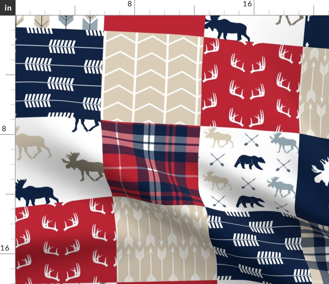 Woodland patchwork - red, navy, tan - arrows, moose, bear patchwork 