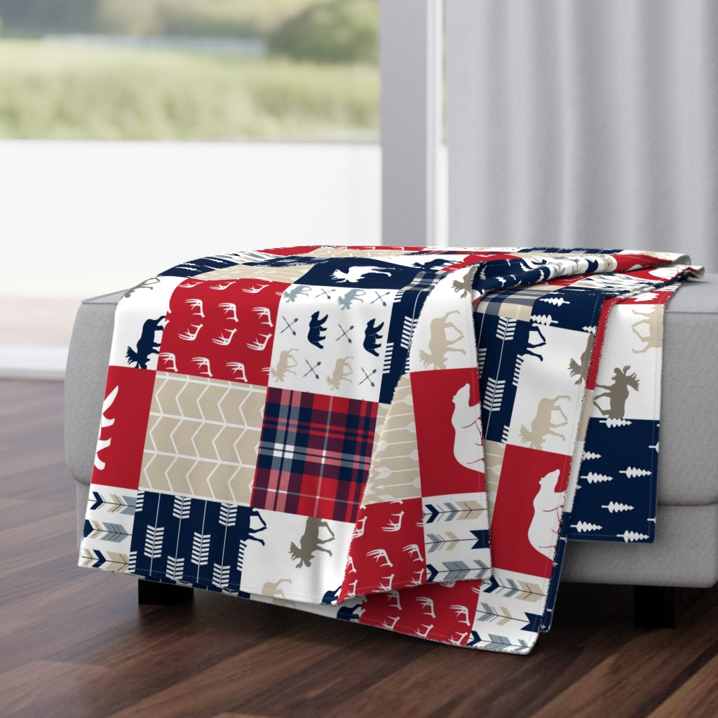 Woodland patchwork - red, navy, tan - arrows, moose, bear patchwork  (90)