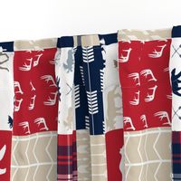 Woodland patchwork - red, navy, tan - arrows, moose, bear patchwork  (90)