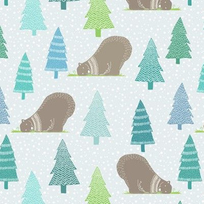 Beary Christmas - Woodland Bear Winter Trees & Snow - Blue Green Teal Tree Design