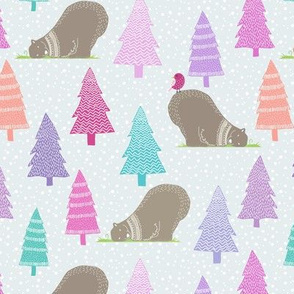 Beary Christmas - Woodland Winter Trees & Snow - Pink Lavender Peach & Purple Tree Girls Design