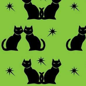 Black cats on lime green, retro