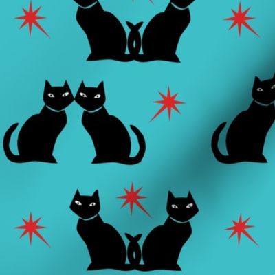 Retro black cat on turquoise with red starbursts