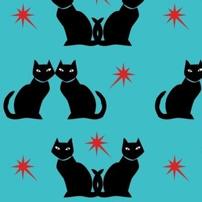 Retro black cat on turquoise with red starbursts