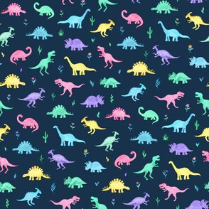 Pastel Watercolor Dinos on Navy Blue - small