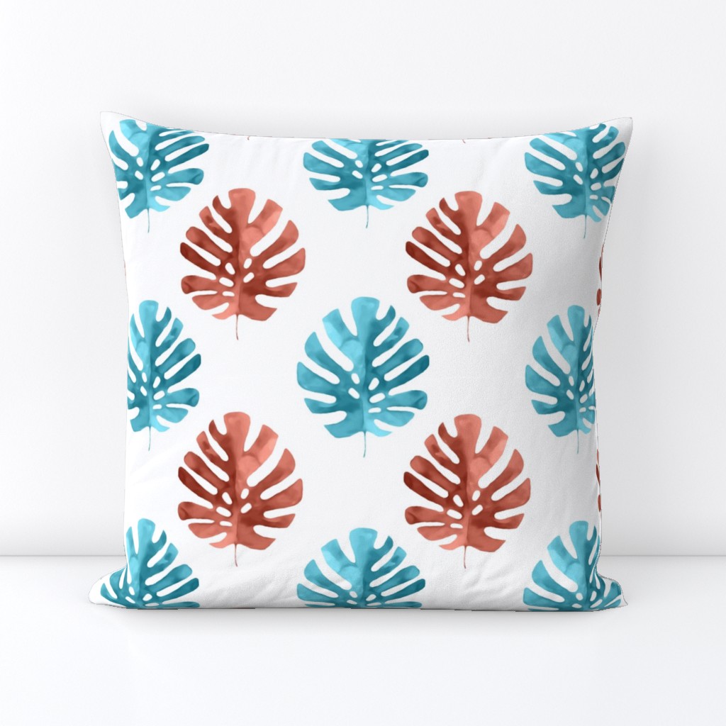 Monstera Leaves Watercolor Aqua Blue and Coral