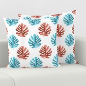 Monstera Leaves Watercolor Aqua Blue and Coral