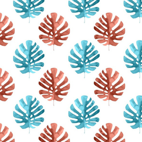 Monstera Leaves Watercolor Aqua Blue and Coral
