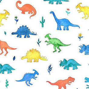 Primary Colors Watercolor Dinos on White