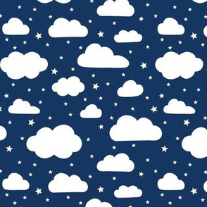 Night Sky - Fluffy white clouds and stars on navy