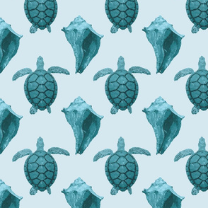Sea Turtles & Conch Shells in Aqua & Blue Tones