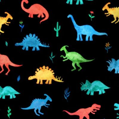 Primary Colors Watercolor Dinos on Black
