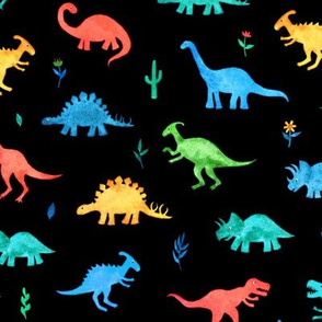 Primary Colors Watercolor Dinos on Black