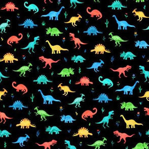 Primary Colors Watercolor Dinos on Black - small