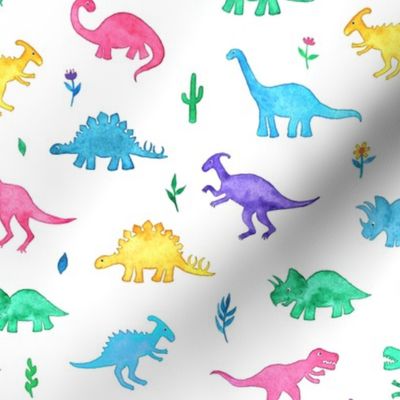 Bright Watercolor Dinos on White