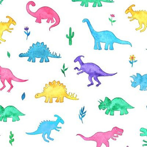 Bright Watercolor Dinos on White