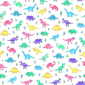 Bright Watercolor Dinos on White - small