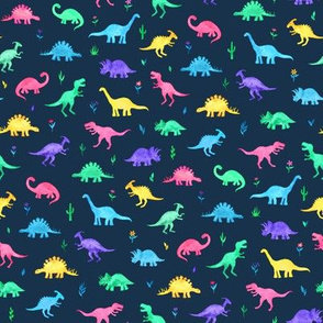 Bright Watercolor Dinos on Navy Blue - small