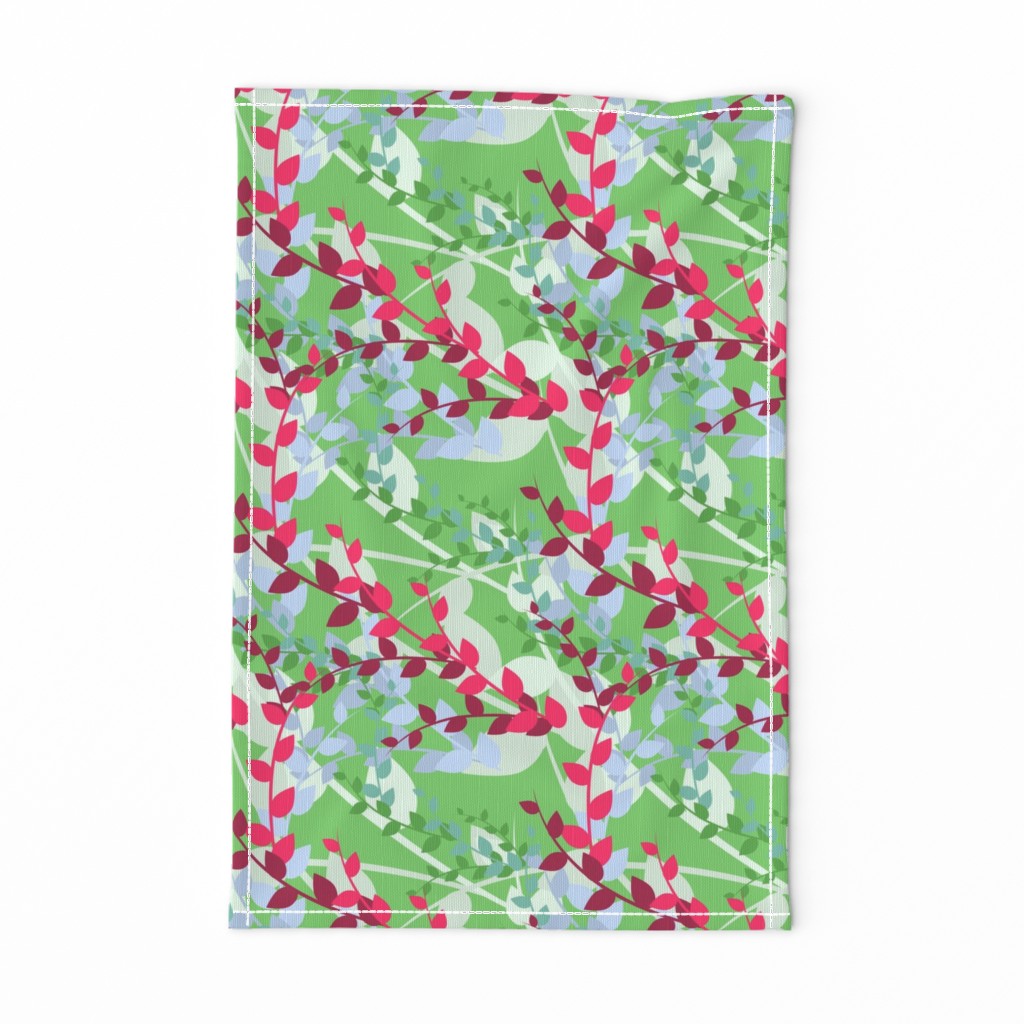 Abstract floral pattern with spring leaves in pink and green colors