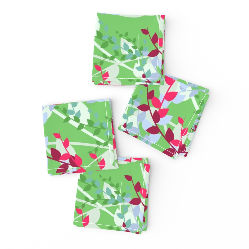 Abstract floral pattern with spring leaves in pink and green colors