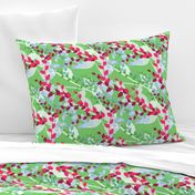 Abstract floral pattern with spring leaves in pink and green colors