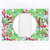 Abstract floral pattern with spring leaves in pink and green colors