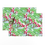 Abstract floral pattern with spring leaves in pink and green colors