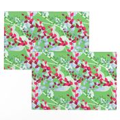 Abstract floral pattern with spring leaves in pink and green colors