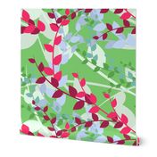 Abstract floral pattern with spring leaves in pink and green colors