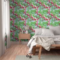 Abstract floral pattern with spring leaves in pink and green colors