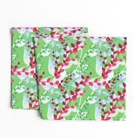 Abstract floral pattern with spring leaves in pink and green colors