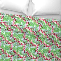 Abstract floral pattern with spring leaves in pink and green colors