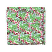 Abstract floral pattern with spring leaves in pink and green colors