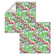 Abstract floral pattern with spring leaves in pink and green colors