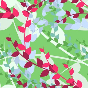 Abstract floral pattern with spring leaves in pink and green colors