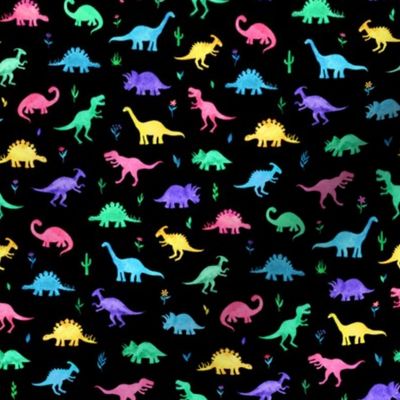 Bright Watercolor Dinos on Black - small