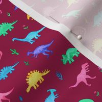 Bright Watercolor Dinos on Berry Red - small