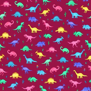 Bright Watercolor Dinos on Berry Red - small
