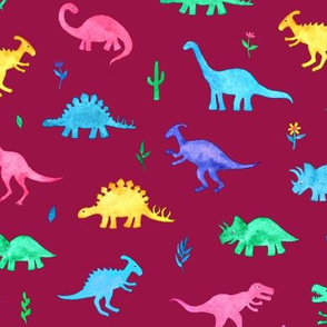 Bright Watercolor Dinos on Berry Red