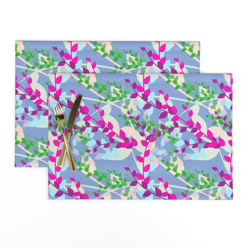 Abstract floral pattern with spring leaves in pink, blue and green colors