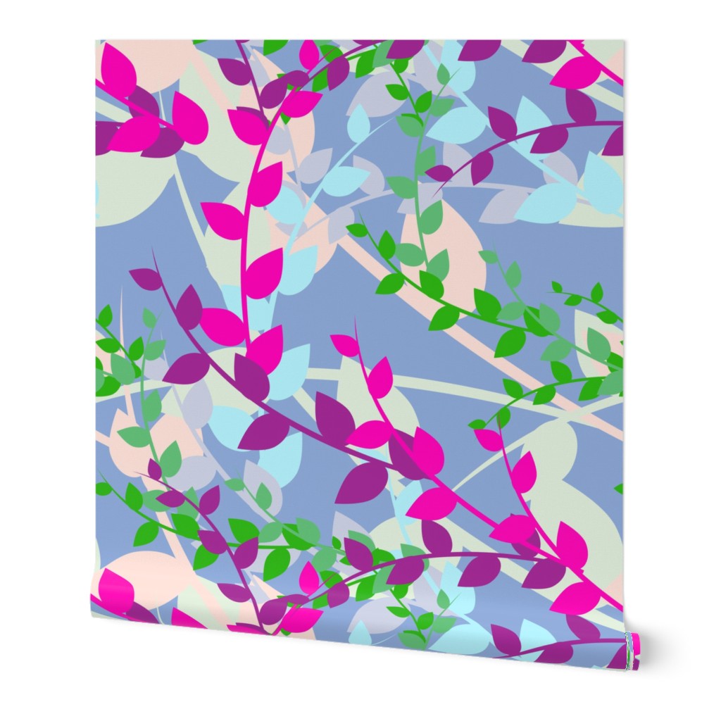 Abstract floral pattern with spring leaves in pink, blue and green colors